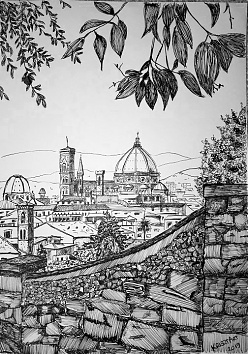 Firenzei látkép - 2019 tusrajz 40x30 cm