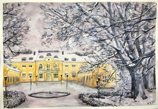 Rábasebes, Széchenyi vadászkastély télen - 2021 akvarell 35x51 cm